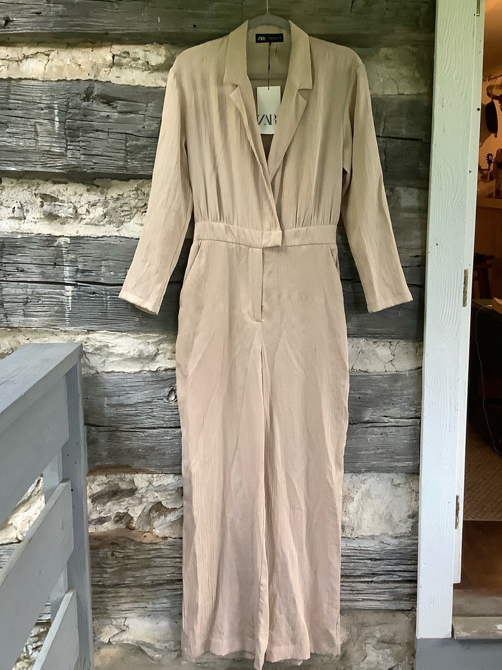 Zara Neutral Beige V-Neck Long Sleeve Jumpsuit